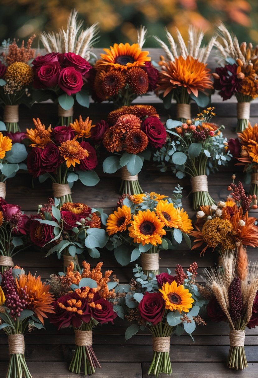 Twenty fall bridal bouquets arranged on a wooden table, featuring autumn flowers and foliage in warm colors.