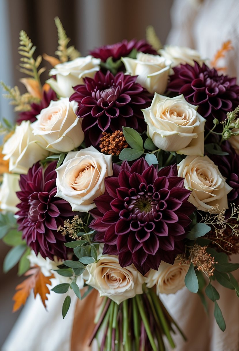 A bridal bouquet with burgundy dahlias and cream roses arranged with greenery.