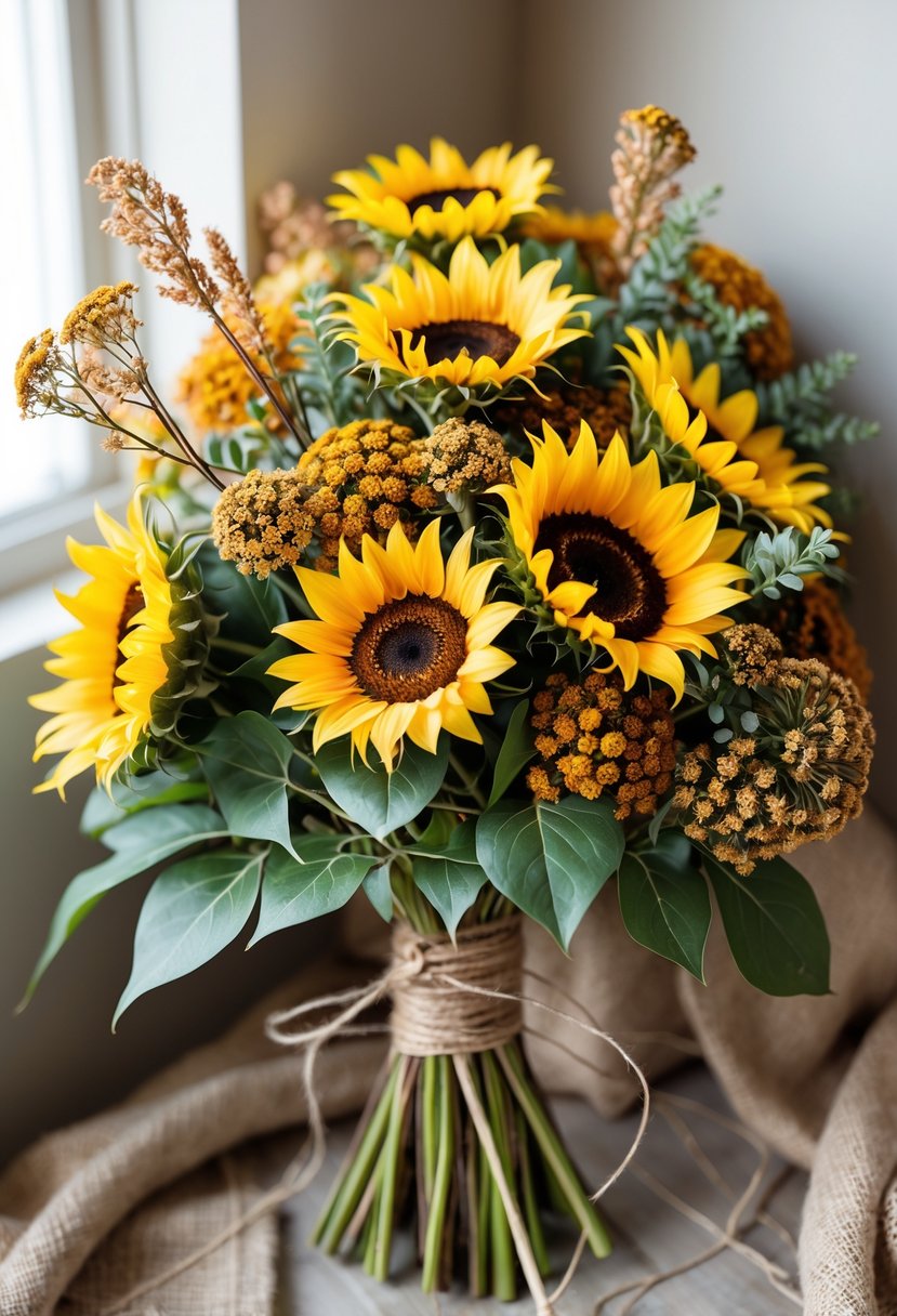 A rustic bridal bouquet with bright sunflowers and goldenrod flowers arranged with greenery.