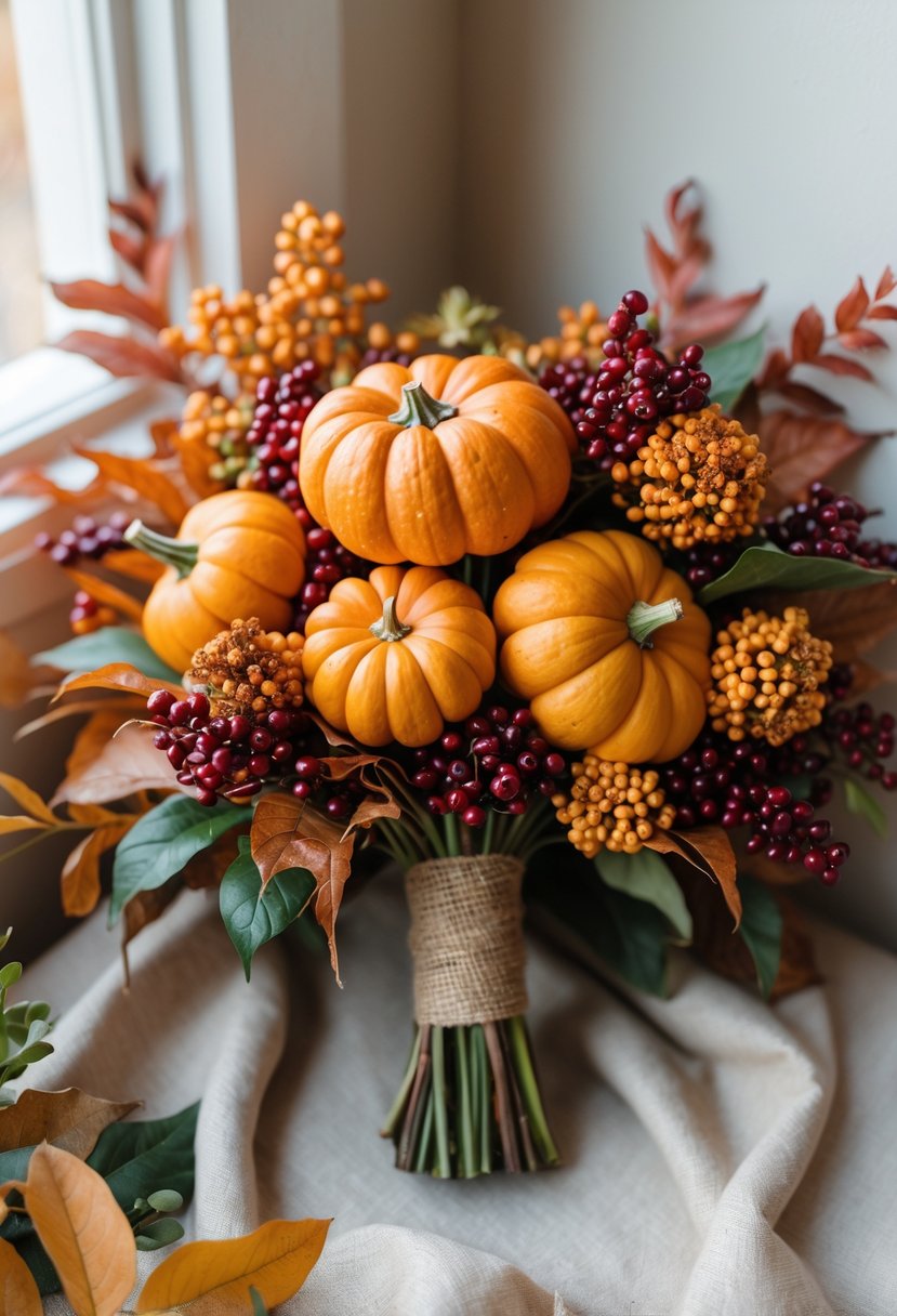 A fall bridal bouquet with small pumpkins, red cinnamon berries, and autumn leaves tied with a burlap ribbon.