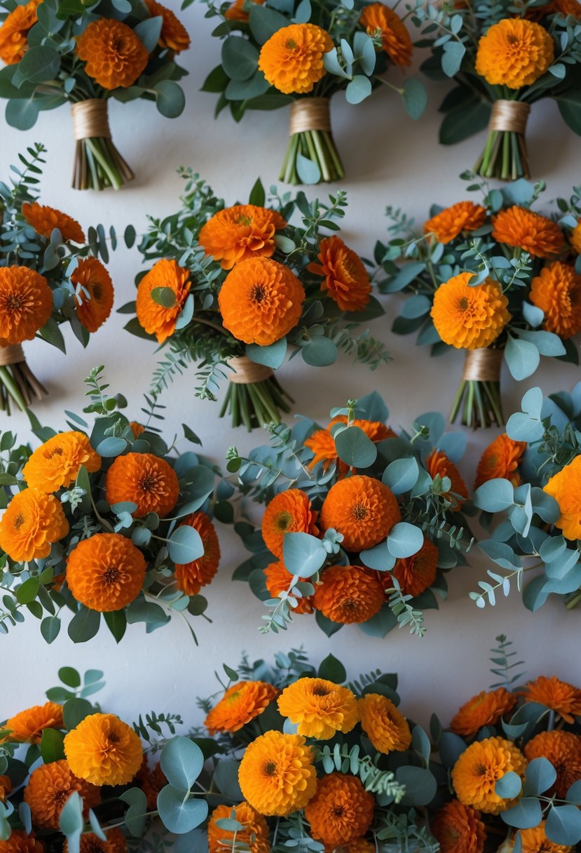 A group of 20 fall bridal bouquets featuring burnt orange marigold flowers mixed with eucalyptus leaves arranged together.