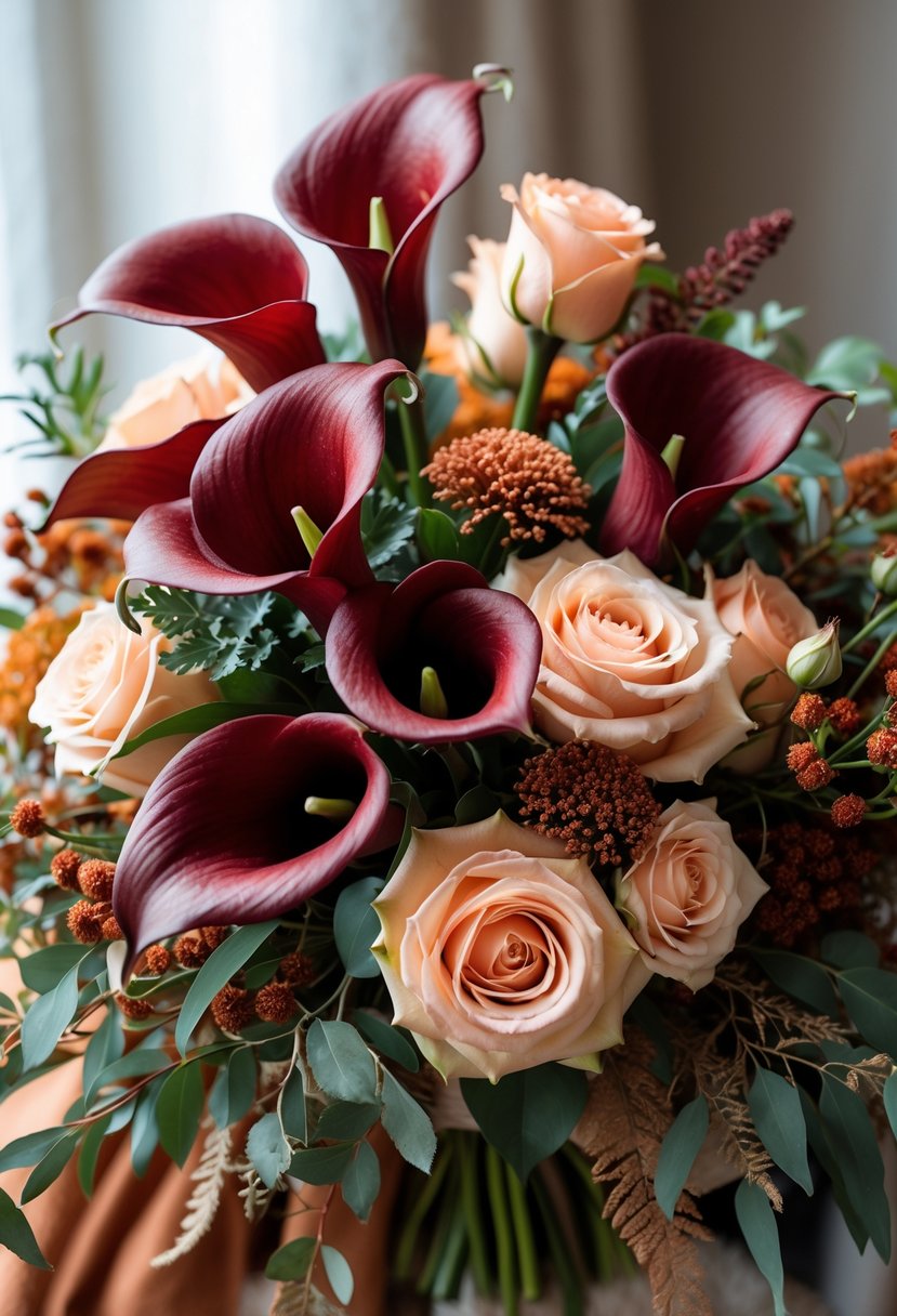 A close-up of a bridal bouquet with deep red calla lilies and peach roses surrounded by green foliage.