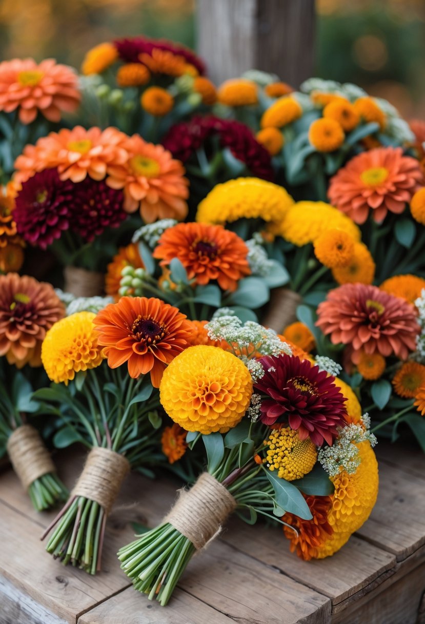Twenty fall bridal bouquets featuring orange, red, and yellow Zinnia flowers mixed with bright yellow Craspedia, arranged on a wooden surface.