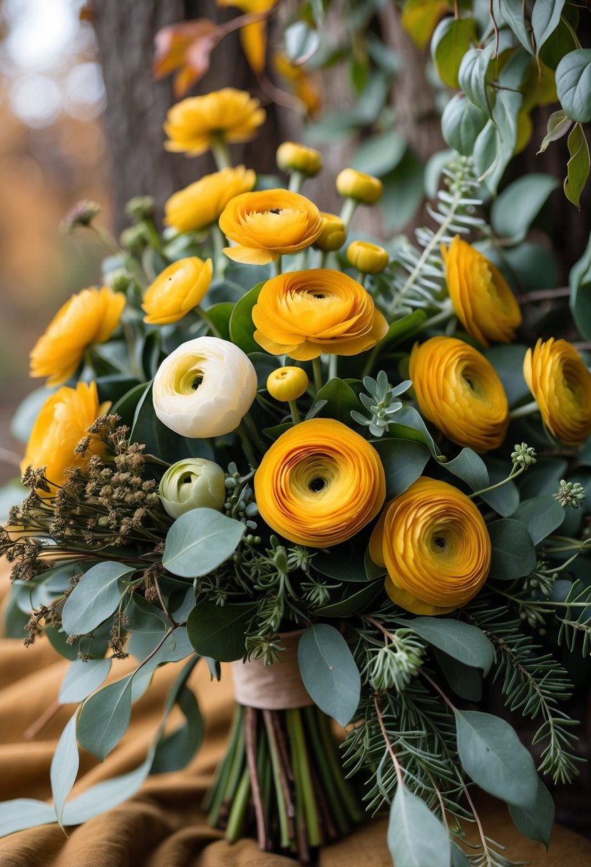 A fall bridal bouquet with mustard yellow ranunculus flowers and textured green leaves.