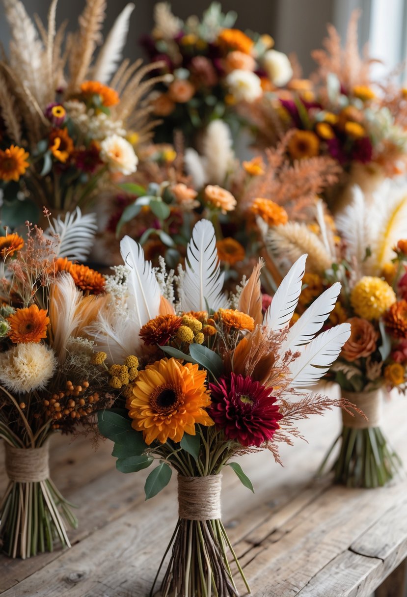 A collection of 20 fall bridal bouquets with wildflowers and feathers arranged on a wooden table.