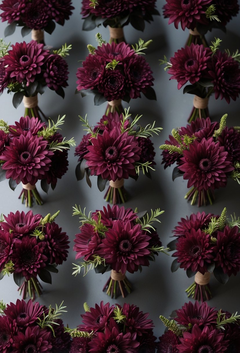Twenty fall bridal bouquets featuring plum chrysanthemums and burgundy leaves arranged together.