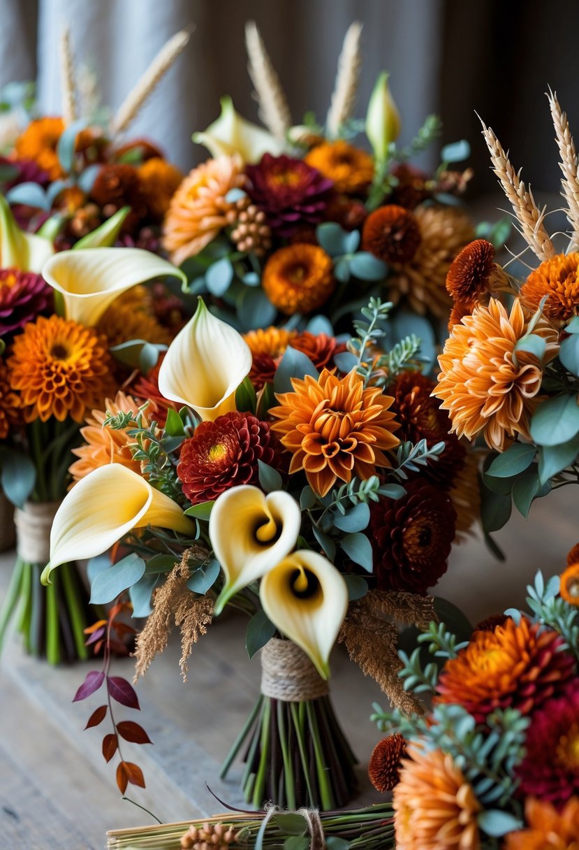 Twenty fall bridal bouquets featuring golden calla lilies and orangey dahlias arranged together with autumn leaves and greenery.