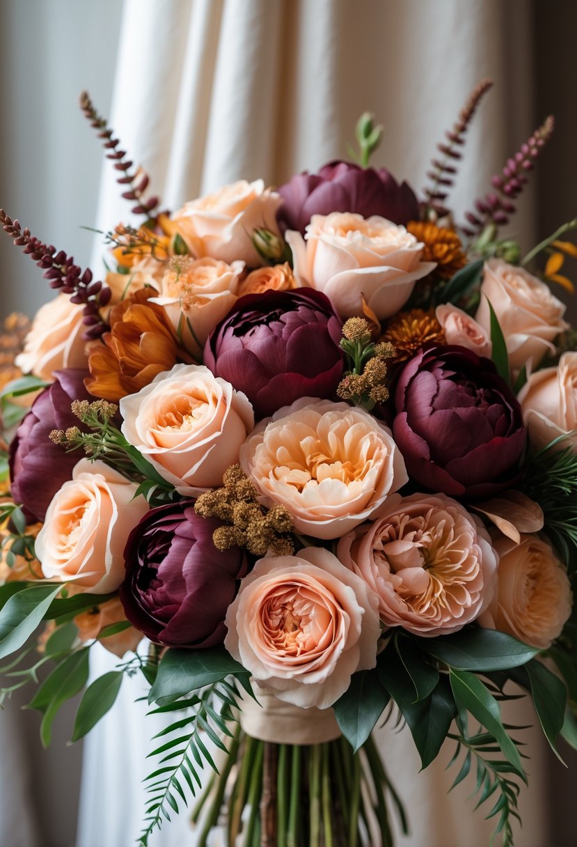 A bridal bouquet with peach roses and burgundy peonies arranged together with greenery.