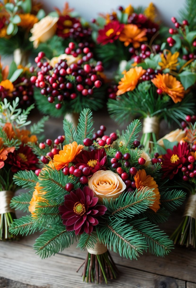 Twenty fall bridal bouquets featuring cranberries and pine needle evergreens arranged together on a wooden surface.
