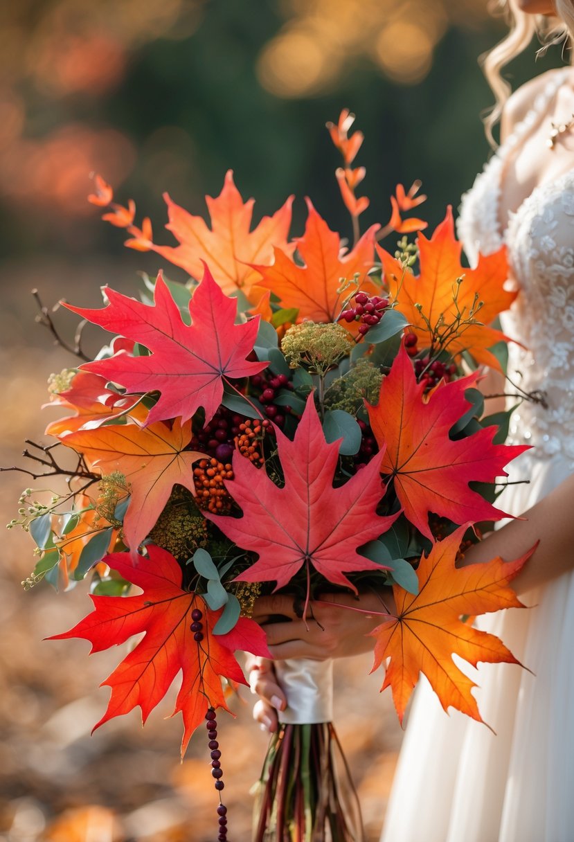 A bridal bouquet made of red and orange maple leaves with greenery, held by a person wearing a white dress against a blurred outdoor background.