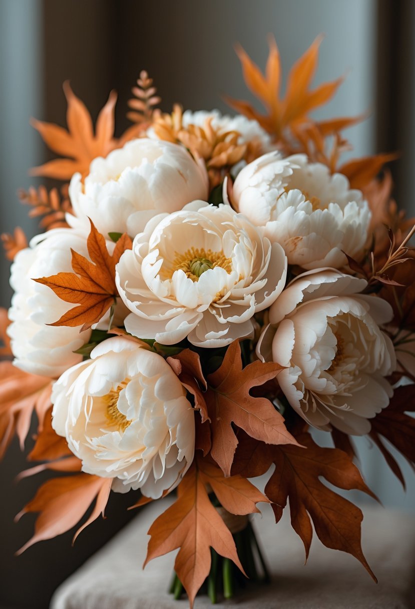 A bridal bouquet with cream peonies and rust-colored autumn leaves.
