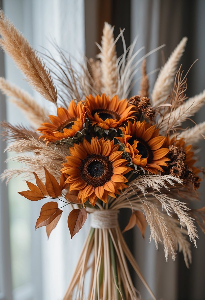 A bridal bouquet with rust-colored sunflowers and dried grasses arranged together.