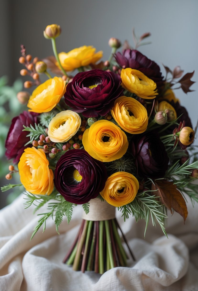 A fall bridal bouquet with burgundy and mustard yellow ranunculus flowers arranged with greenery and autumn accents.