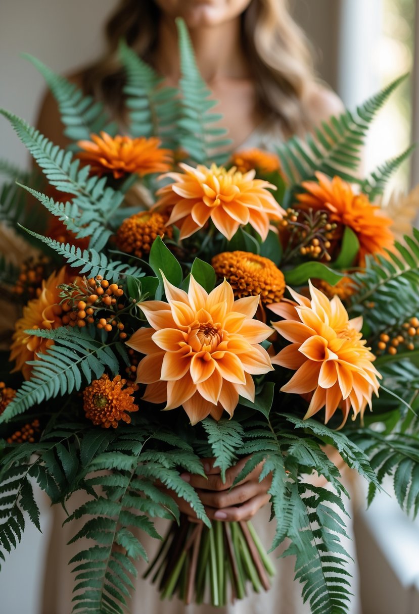 A bridal bouquet with bright orange dahlias and dark green ferns.