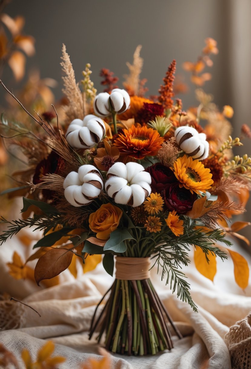 A fall bridal bouquet with brown cotton stems and autumn-colored flowers and leaves.