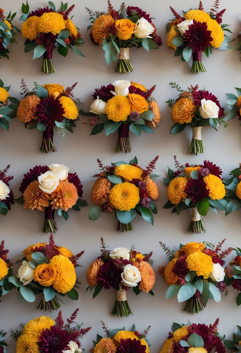 Twenty fall bridal bouquets featuring golden yellow and deep burgundy flowers arranged together on a neutral background.