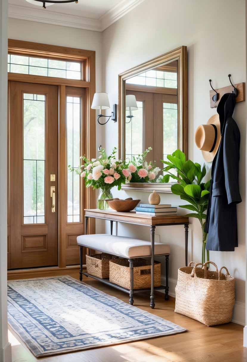 A well-decorated entryway with a wooden door, mirror, console table with flowers, bench with cushions, indoor plant, and a patterned rug.