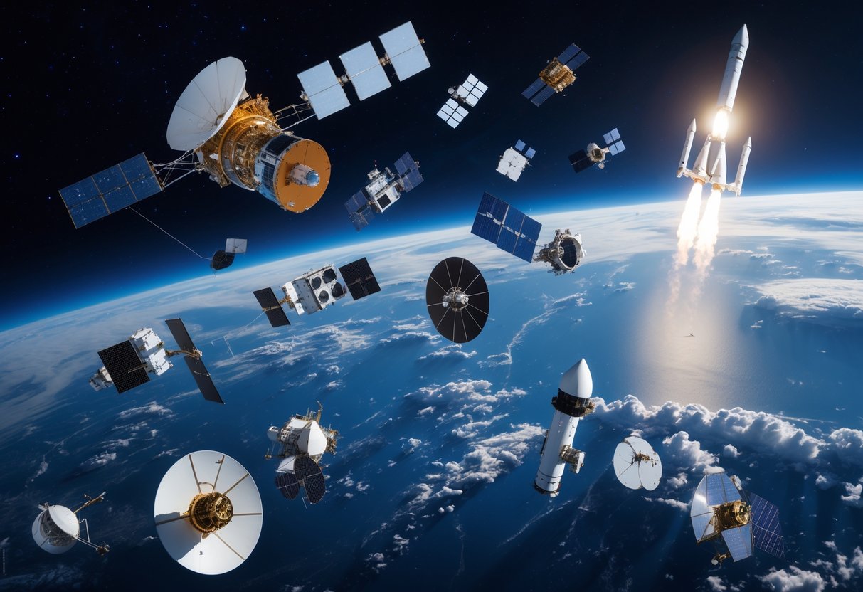 Multiple satellites orbiting Earth with a SpaceX rocket deploying small satellites in space above the planet.