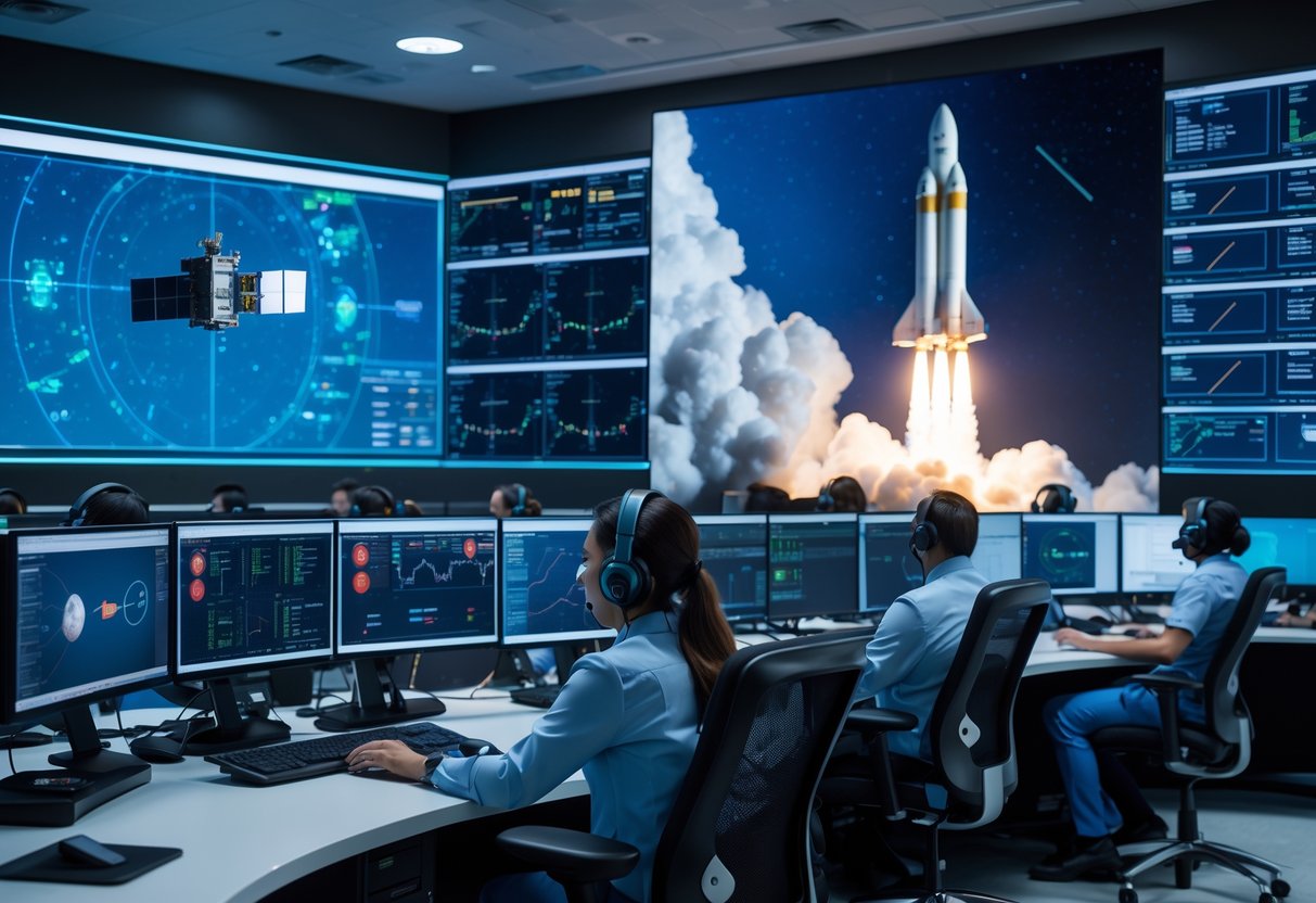 Satellite operators working in a control room with multiple monitors showing satellite data and a large screen displaying a SpaceX rocket deploying satellites.