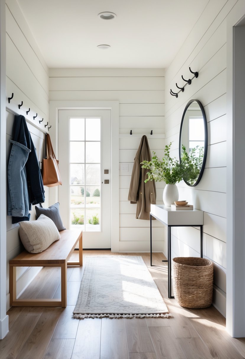 An entryway with a white shiplap wall, wooden bench, console table with a vase, and a round mirror.