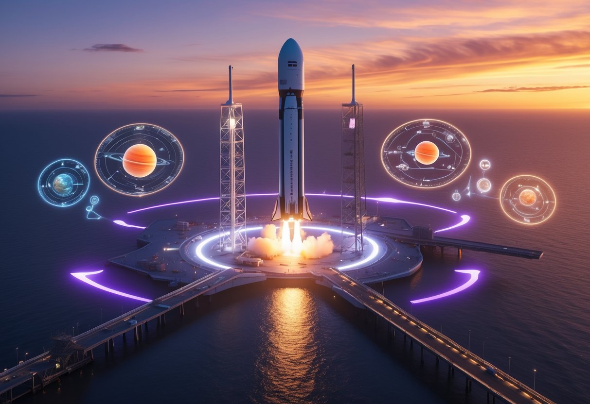 A SpaceX rocket launching at sunrise with holographic orbit paths and planetary icons floating around it over a coastal spaceport.