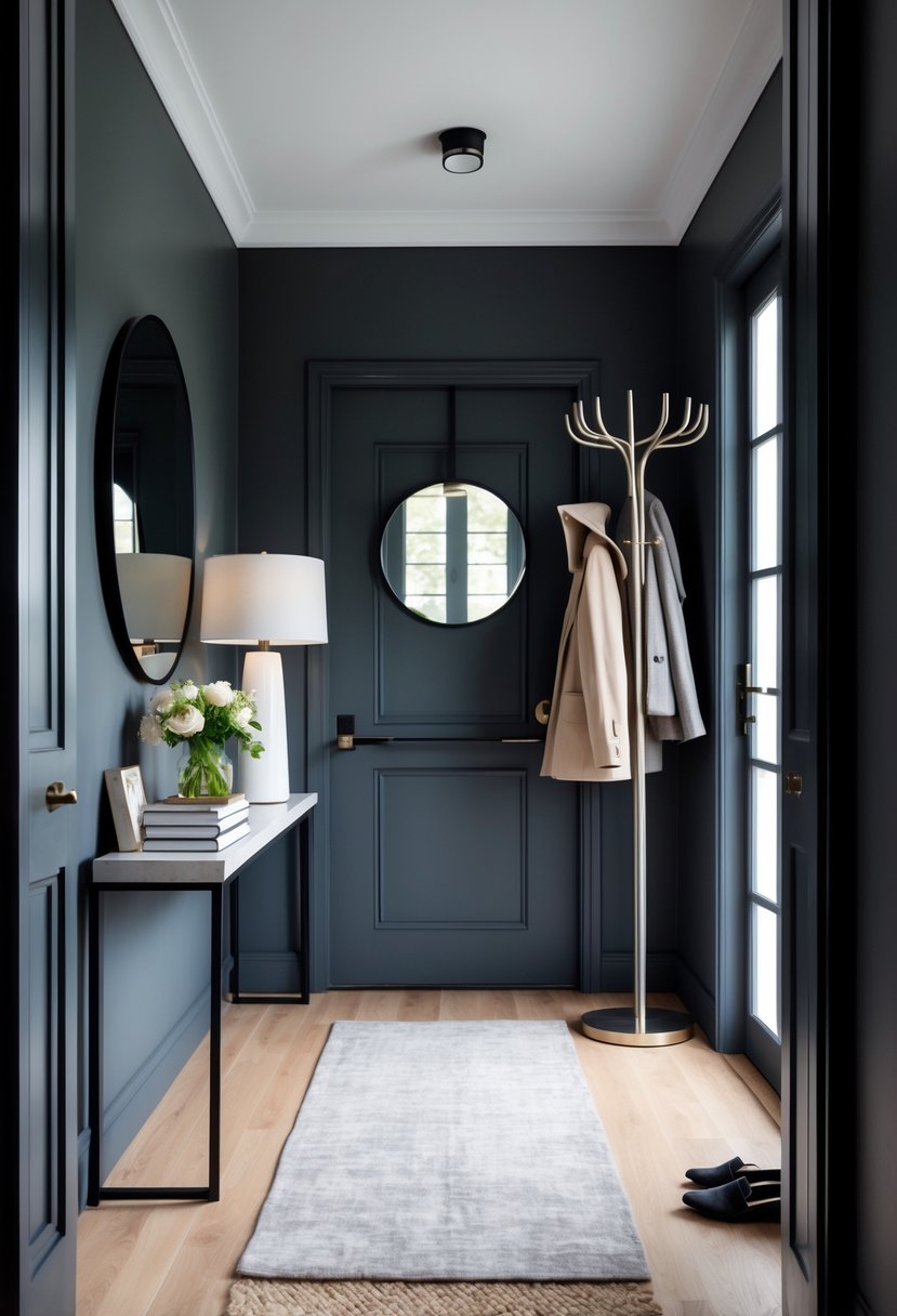 Entryway with dark gray walls, a console table with decorations, a round mirror, a coat rack, and a light wood floor.