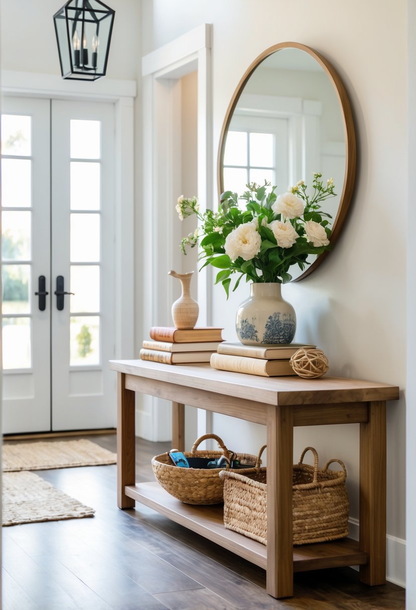 An entry table in a foyer decorated with a vase of flowers, a basket, books, and a bowl, with a mirror on the wall and natural light coming through a window.