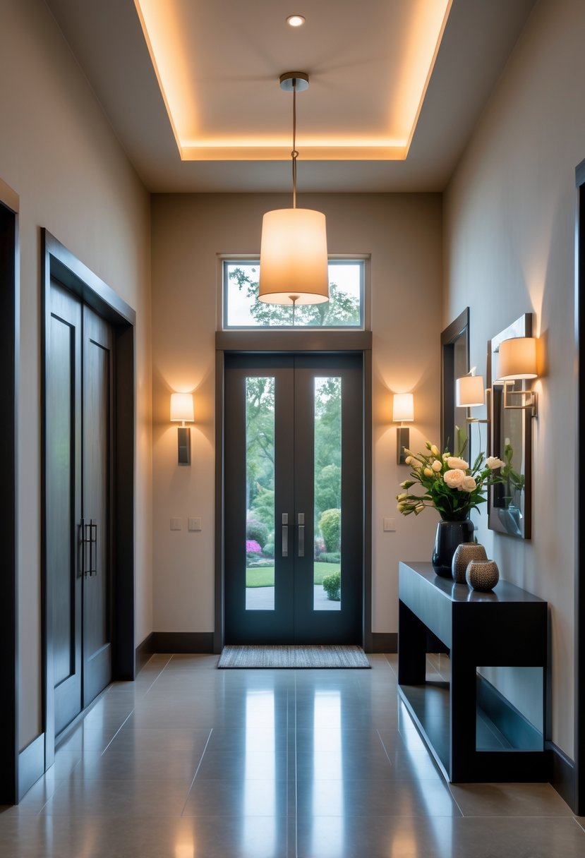 An entryway with layered lighting fixtures including a pendant light, wall sconces, and recessed lights, featuring a console table with decorative items.