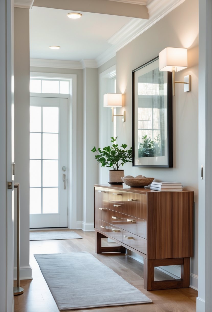 Console table with drawers in a well-lit entryway decorated with a plant, books, and a lamp.