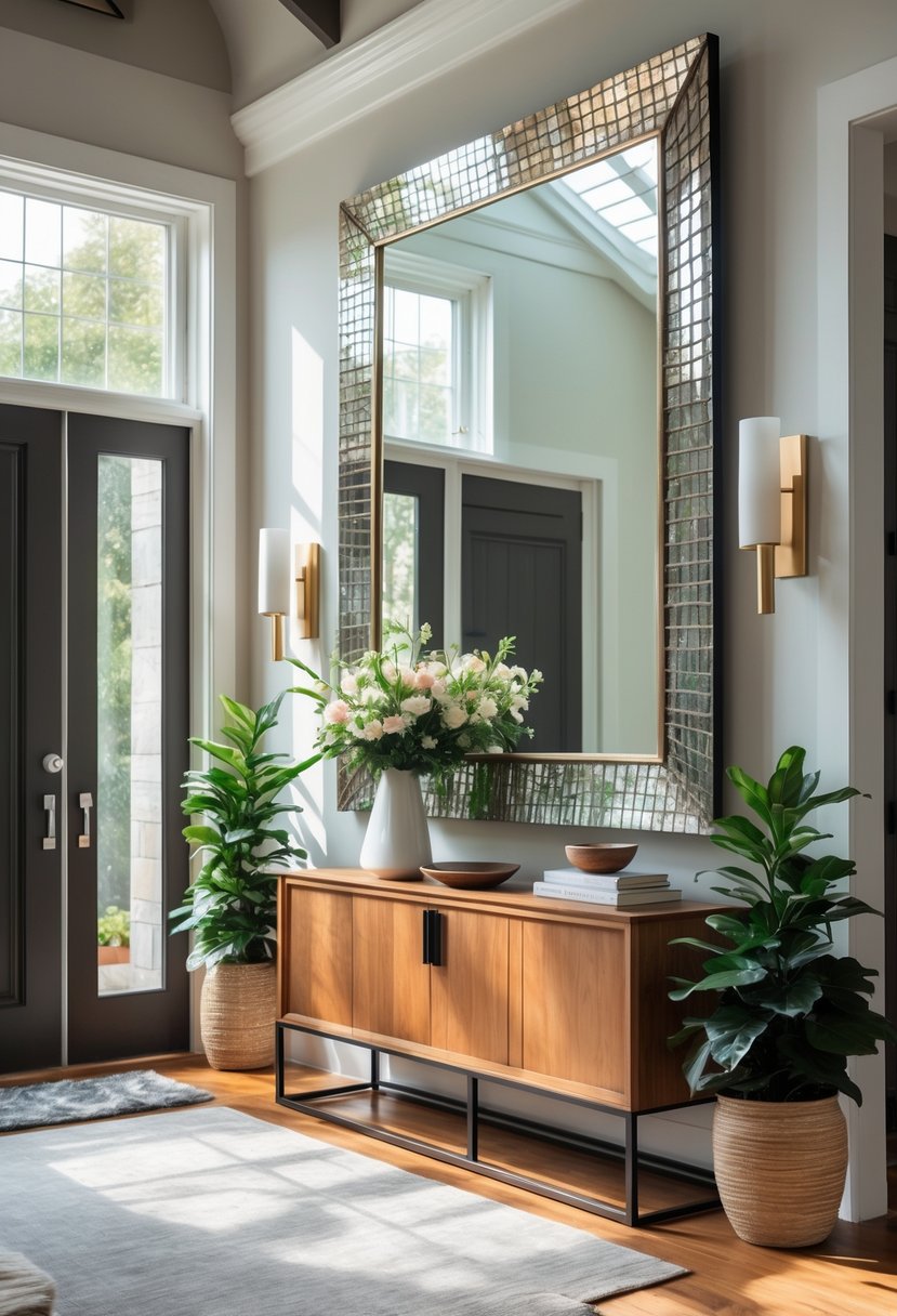 Entryway with a large wall-mounted mirror above a wooden console table decorated with flowers and plants.
