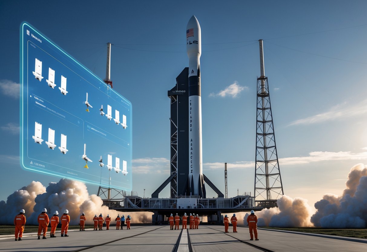 SpaceX Falcon 9 rocket on a launch pad with ground crew preparing for launch and digital illustration of multiple small satellites being deployed.