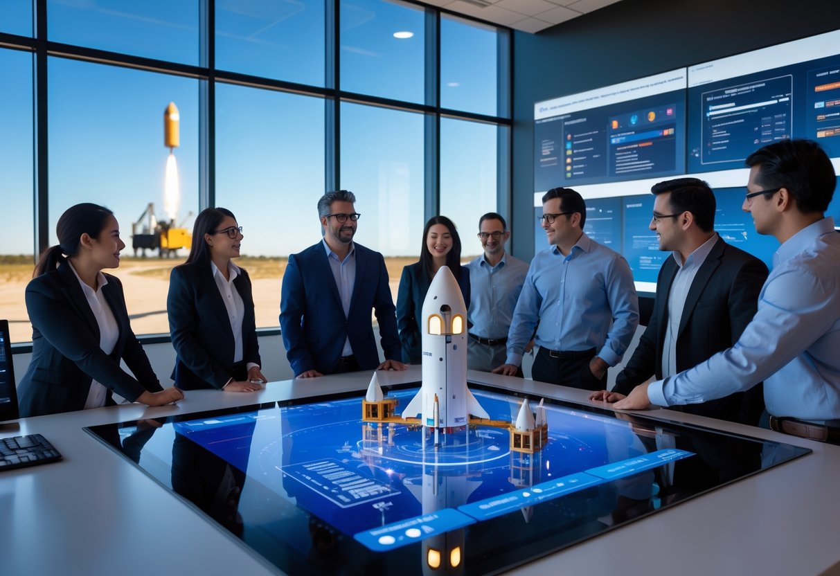 A group of professionals discussing a 3D model of a SpaceX rocket with satellites in a modern office with a rocket launch visible outside.