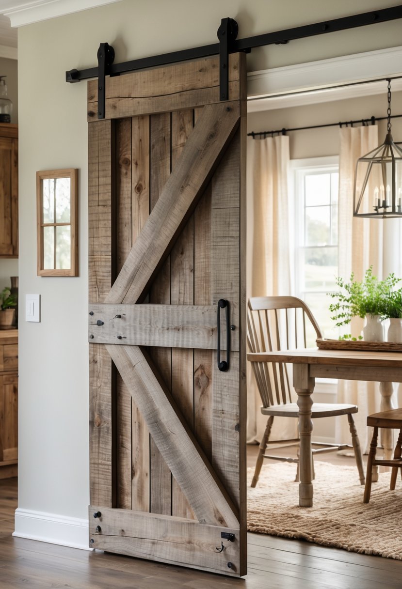 Interior of a room with rustic wooden sliding barn doors and farmhouse-style furniture.