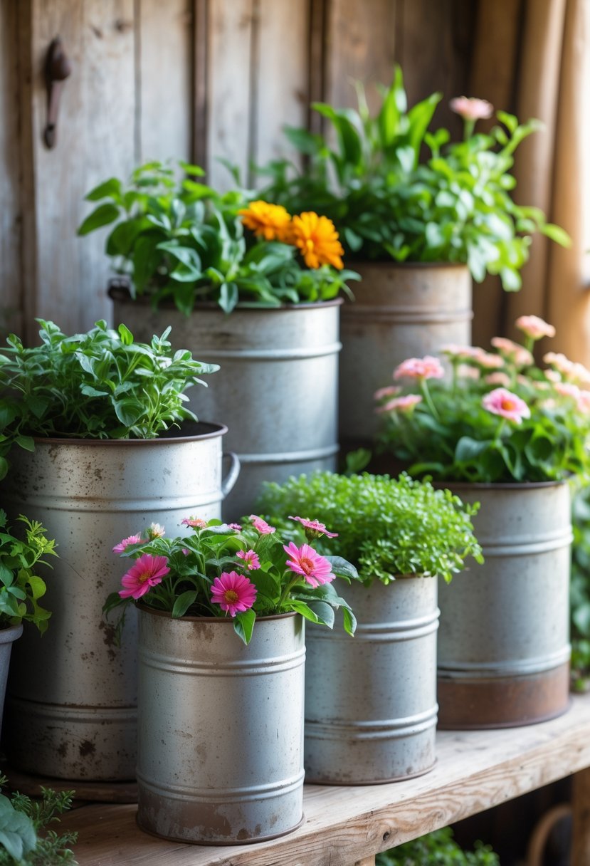 Several vintage metal milk cans used as planters filled with green plants and flowers arranged on a wooden surface.