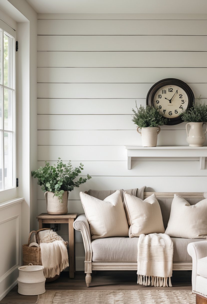 A cozy room with a white shiplap accent wall, wooden furniture, soft textiles, a wall clock, and potted plants.