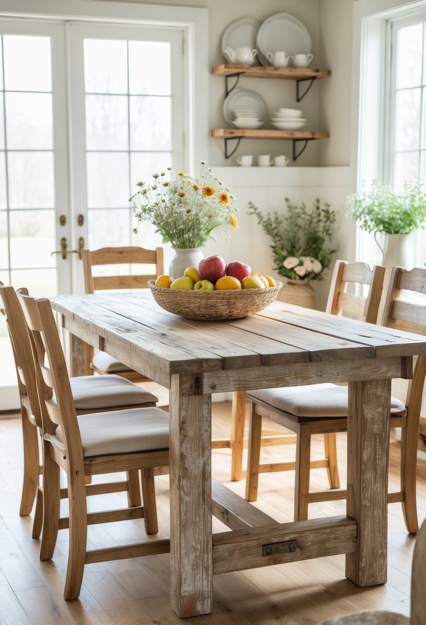 A distressed wood dining table with chairs in a bright room decorated with flowers and fruit.