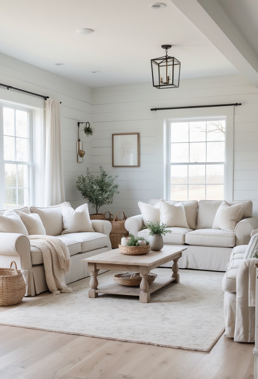 Living room with two neutral slipcovered sofas, a wooden coffee table, plants, and soft natural lighting.