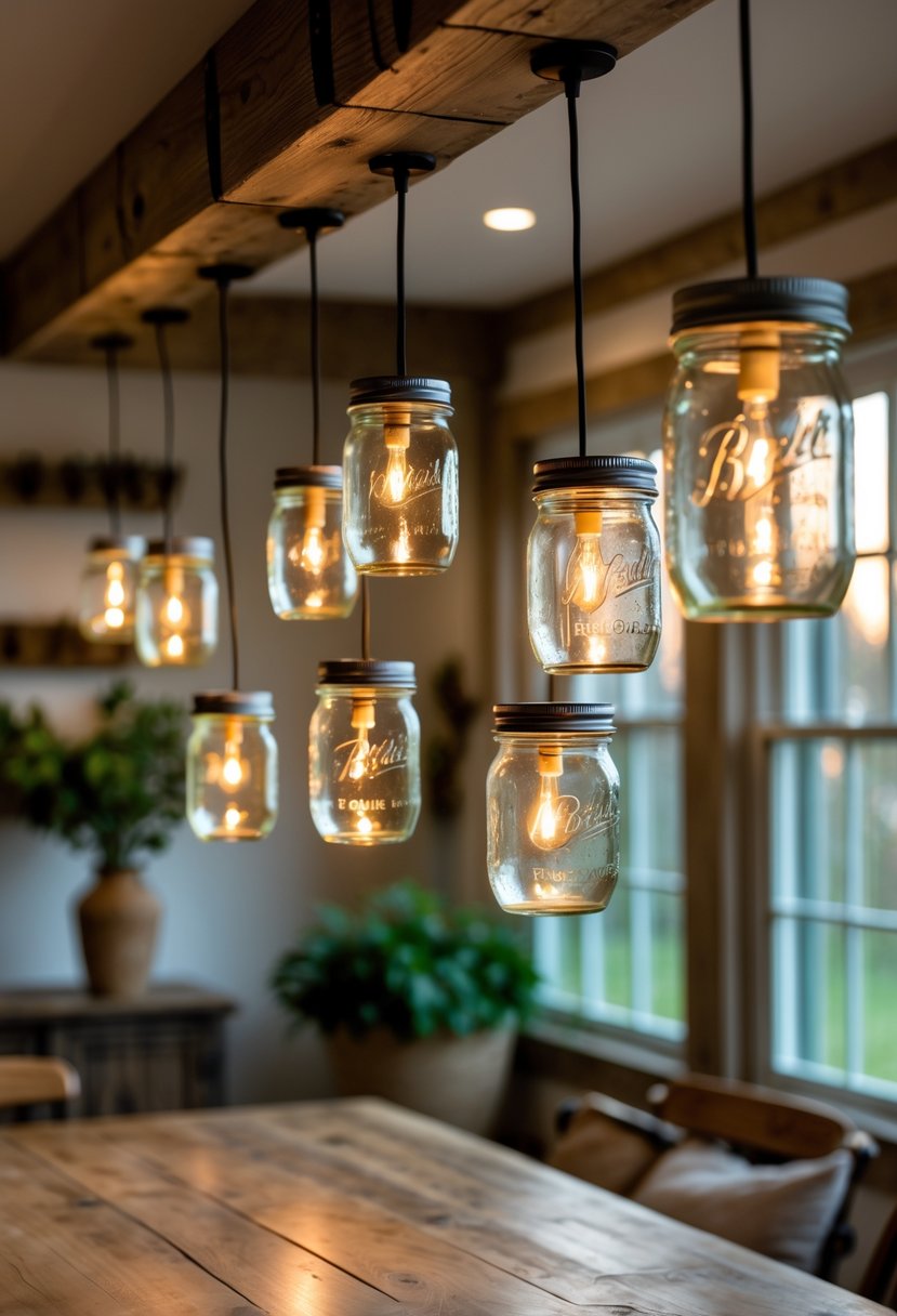A cozy farmhouse interior with mason jar pendant lights hanging from a wooden beam, illuminating a rustic room with wooden furniture and plants.