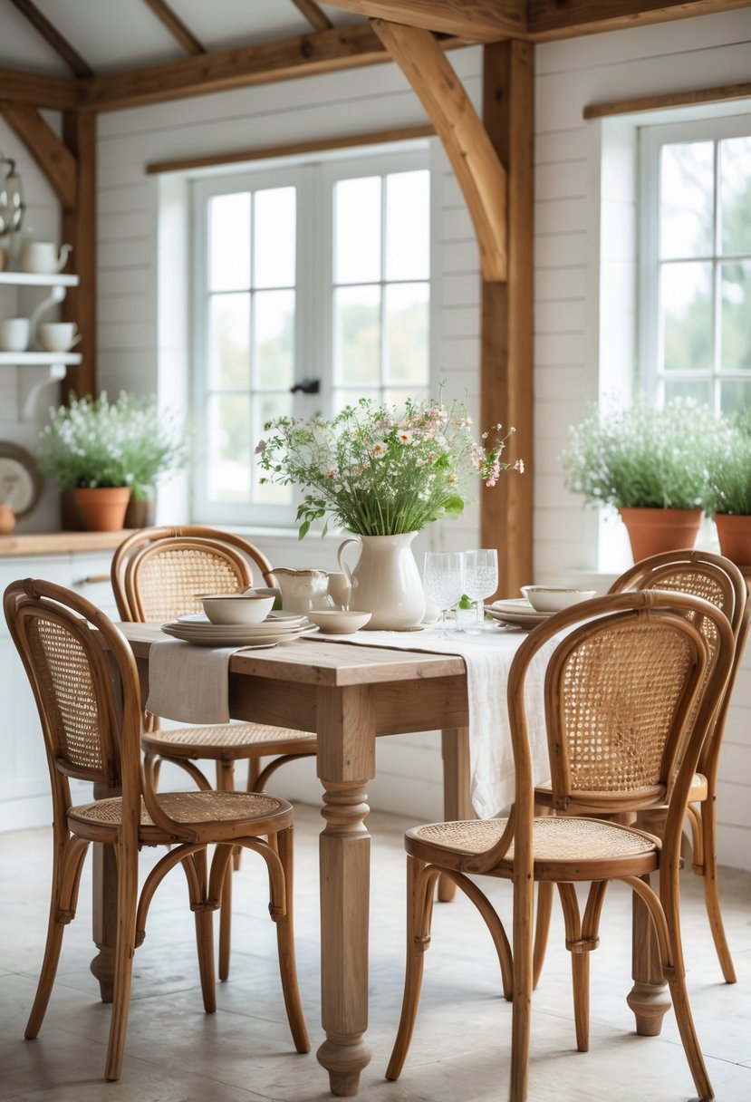 A dining area with French bistro chairs around a wooden farmhouse table decorated with flowers and simple tableware.