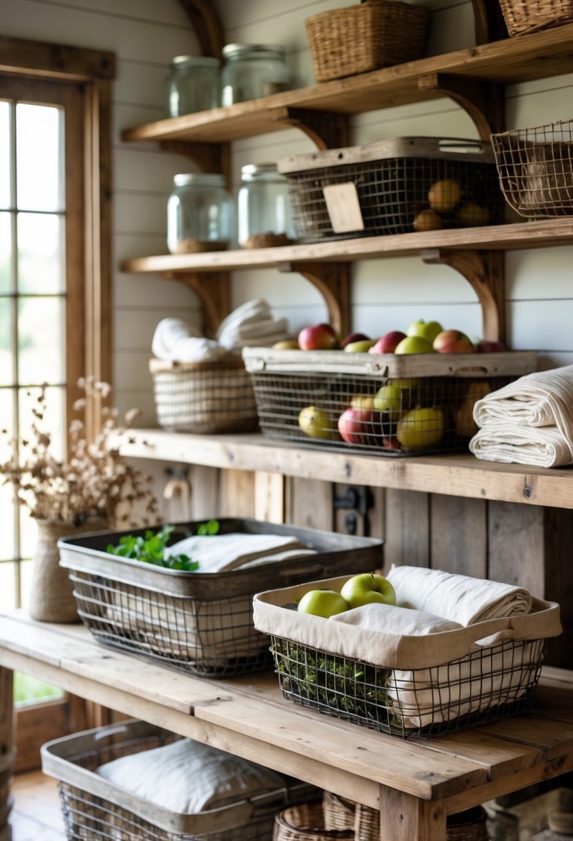 A collection of antique wire baskets arranged on wooden shelves and a table, some holding linens and produce, in a cozy farmhouse kitchen setting.