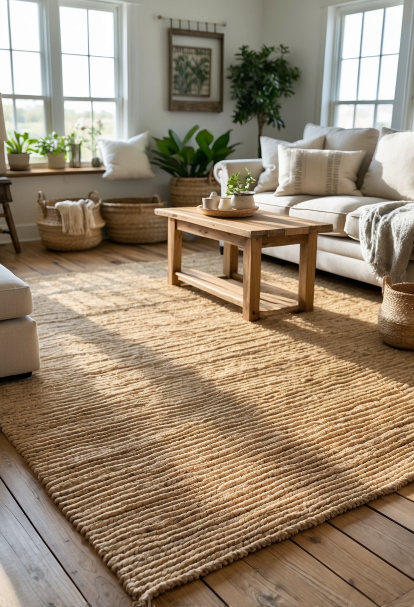 A living room with a large woven seagrass rug, wooden coffee table, sofa, and natural light coming through windows.