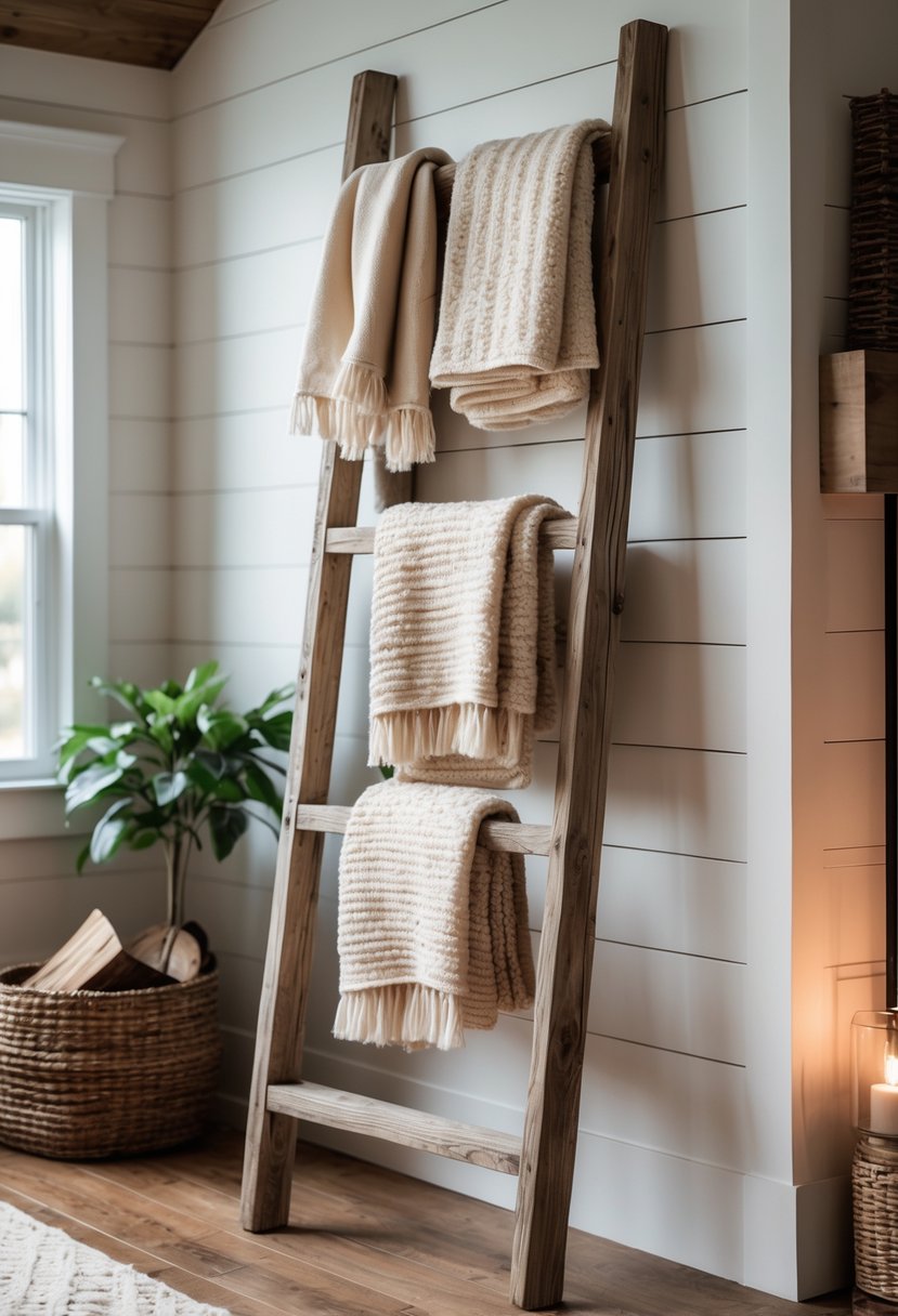 A rustic wooden ladder leaning against a white wall with blankets draped over its rungs in a cozy room.