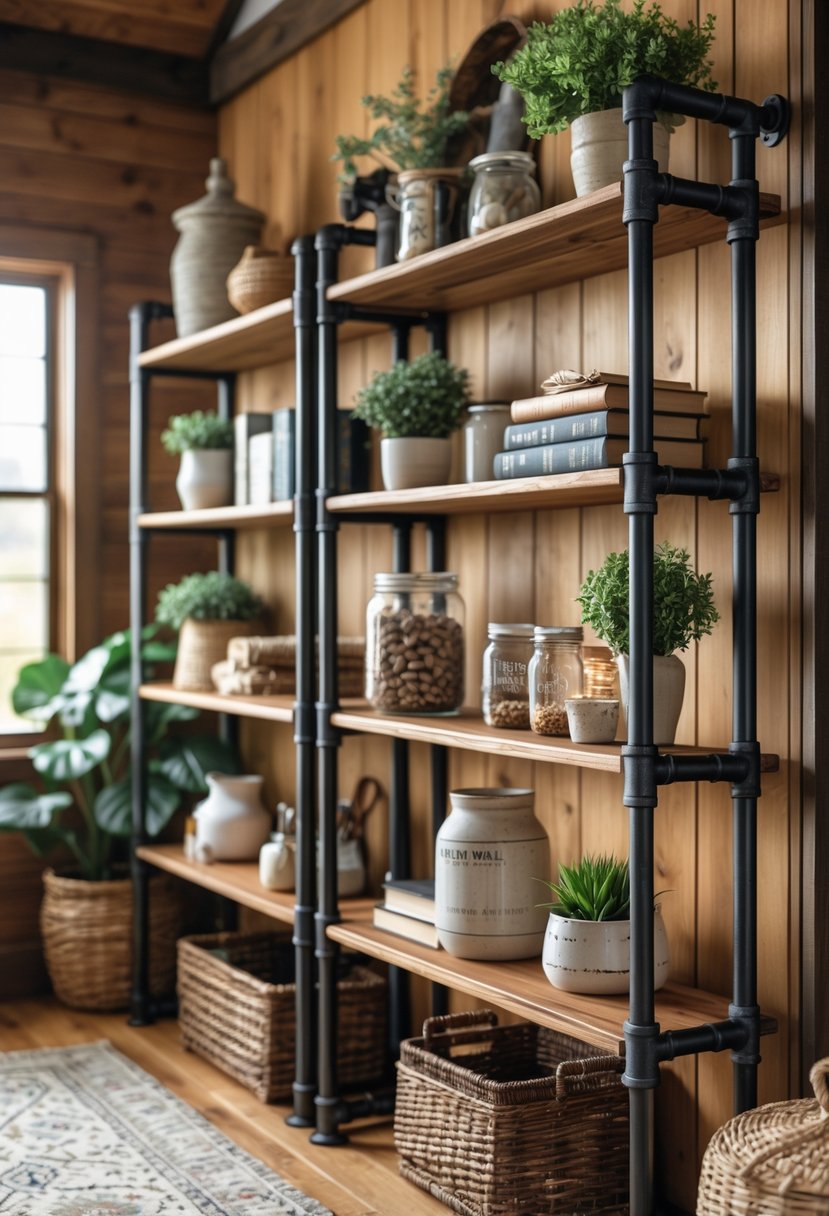 Industrial pipe shelving units filled with home decor items like plants, books, and baskets in a warm, cozy room.