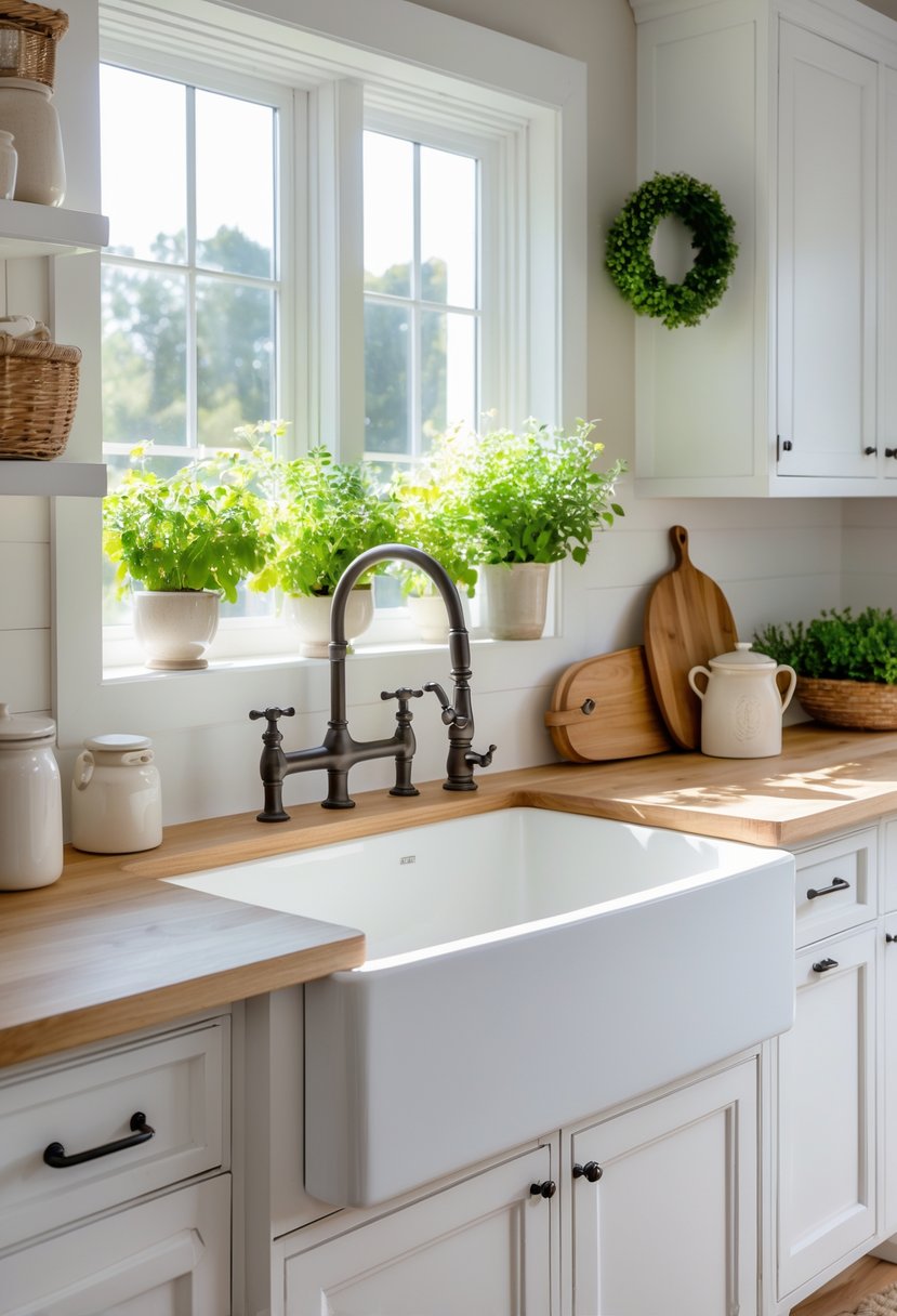 A kitchen with a large white apron-front sink, wooden countertop, white cabinets, plants on the windowsill, and rustic kitchen accessories.