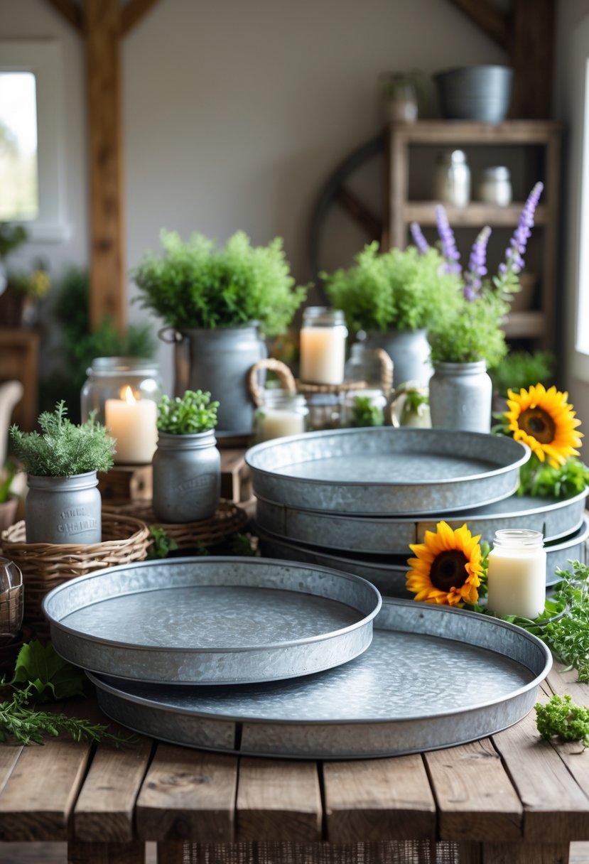 A collection of galvanized metal trays displayed on a wooden table surrounded by plants, flowers, candles, and rustic home decor items.