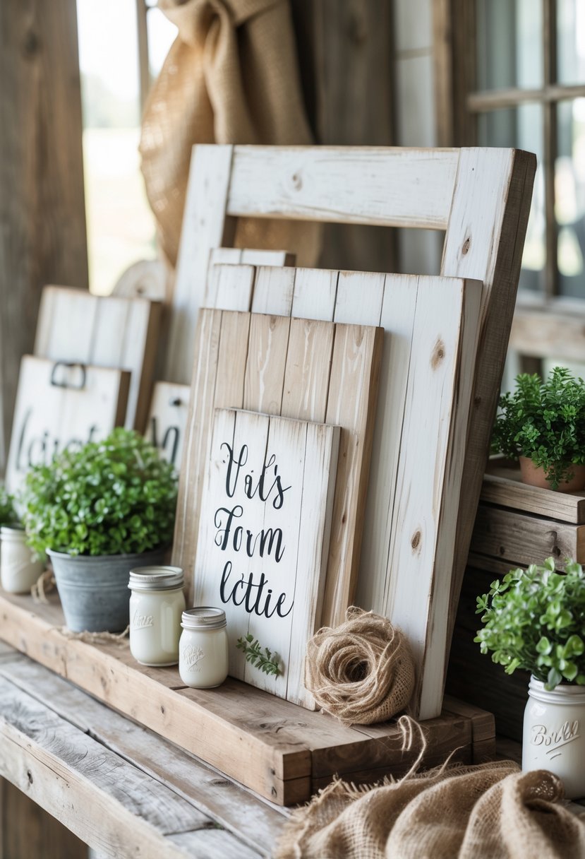 A collection of rustic wooden farmhouse signs displayed on a wooden table with plants and decorative items around them.