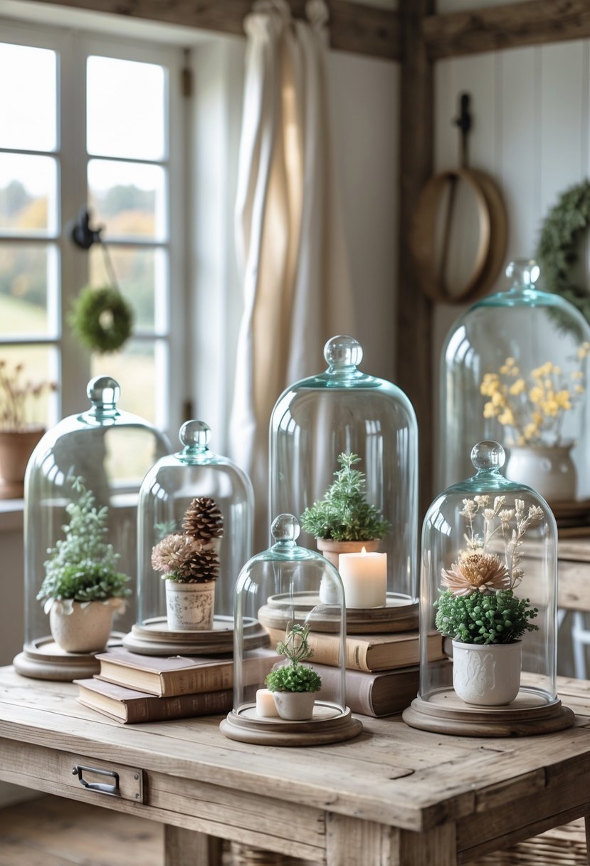 Glass cloches with decorative items displayed on a wooden table inside a cozy room.