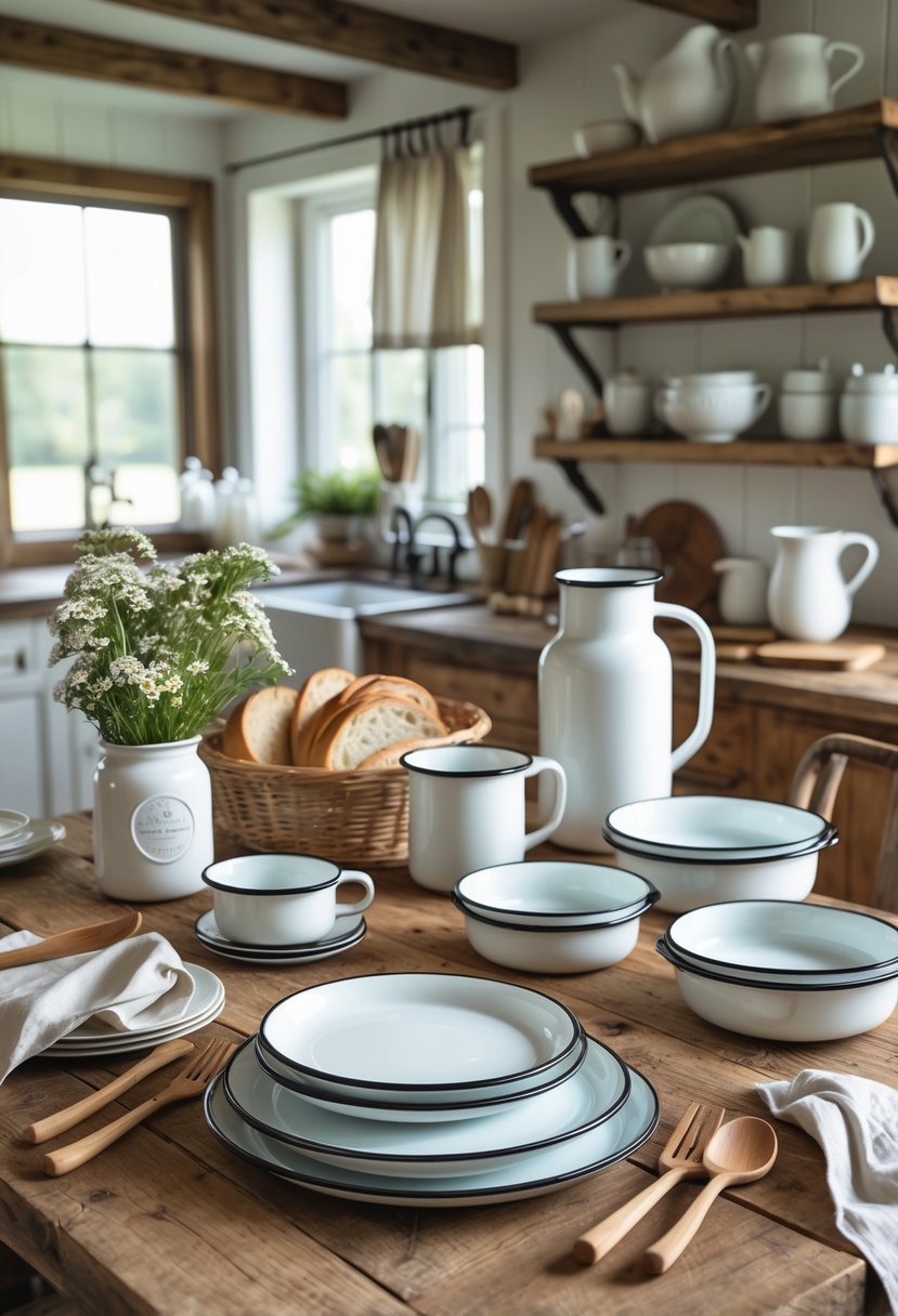 A farmhouse kitchen table set with white enamelware dishes, bowls, mugs, fresh flowers, and rustic wooden utensils.