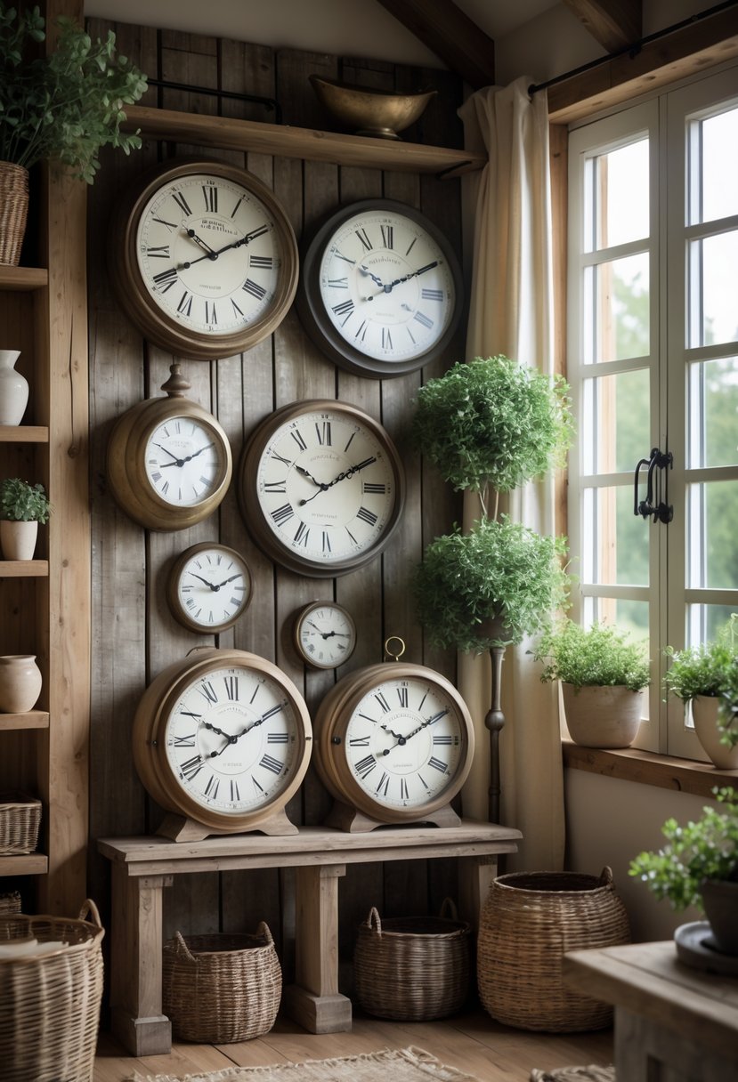 A collection of vintage farmhouse clocks displayed on a wooden wall in a cozy home setting with natural light and rustic decor.