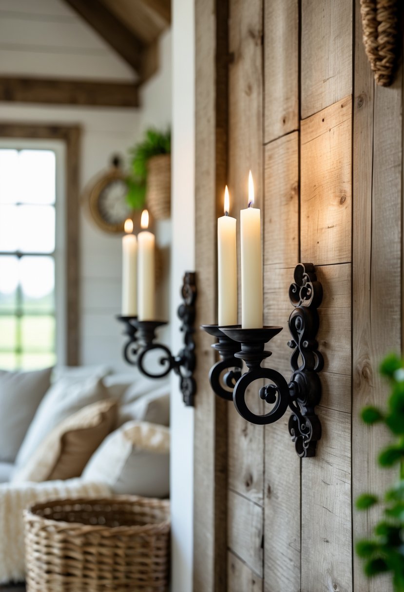 Iron candle sconces with lit candles mounted on a wooden wall in a cozy living room.
